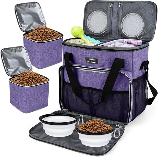 BAGLHER Dog Travel Bag, Pet Travel Bag (ALL Pet Travel Supplies), With 2 Pet Food Containers and 2 Collapsible Silicone Bowls; Essential Kits for Pet Travel Purple-PawvioPets