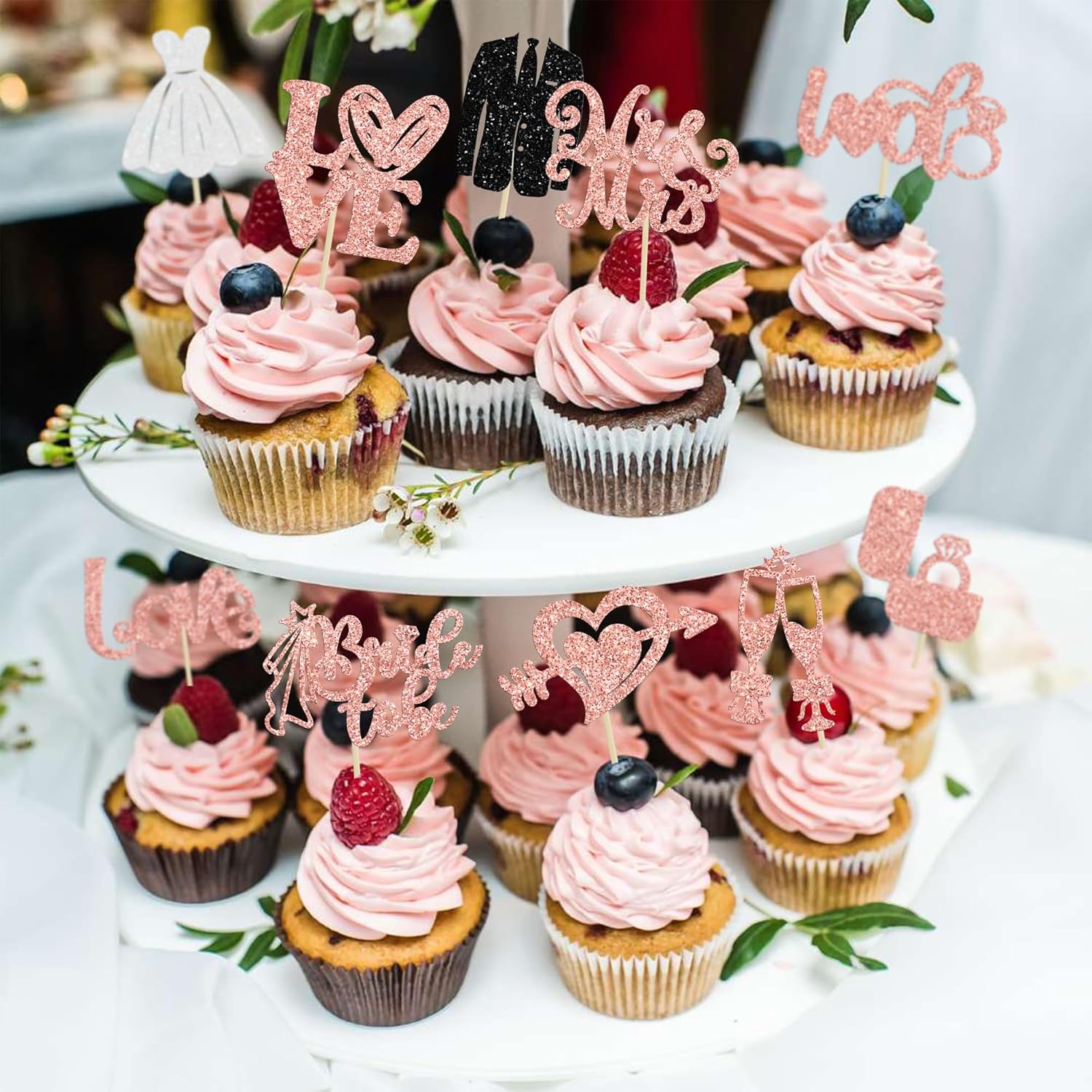 Ephlyn 30Pcs Bride to be Cupcake Toppers Glitter Wedding Cake Topper Decorations I Do Love Heart Ring Cupcake Picks for Bridal Shower Wedding Engagement Party Supplies Rose Gold