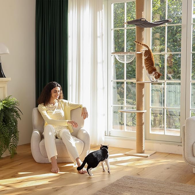 FUKUMARU Floor to Ceiling Cat Tree, 6 Level Adjustable Height (5.7-9.8 ft) Climbing Tower with Thickened Scratching Posts, Cats Activity Center with Transparent Capsule and Cozy Hammock-PawvioPets