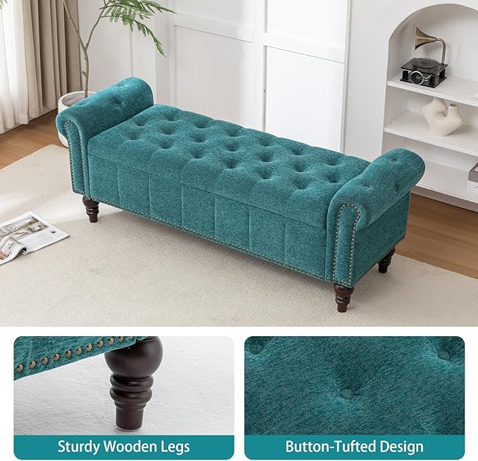58’’ Storage Bench for Bedroom, Upholstered Button-Tufted Ottoman with Solid Wood Legs, Queen Size End of Bed Shoe Cabinet, Window Seat Foot Rest Stool for Entryway, Living Room (Teal)-PawvioPets