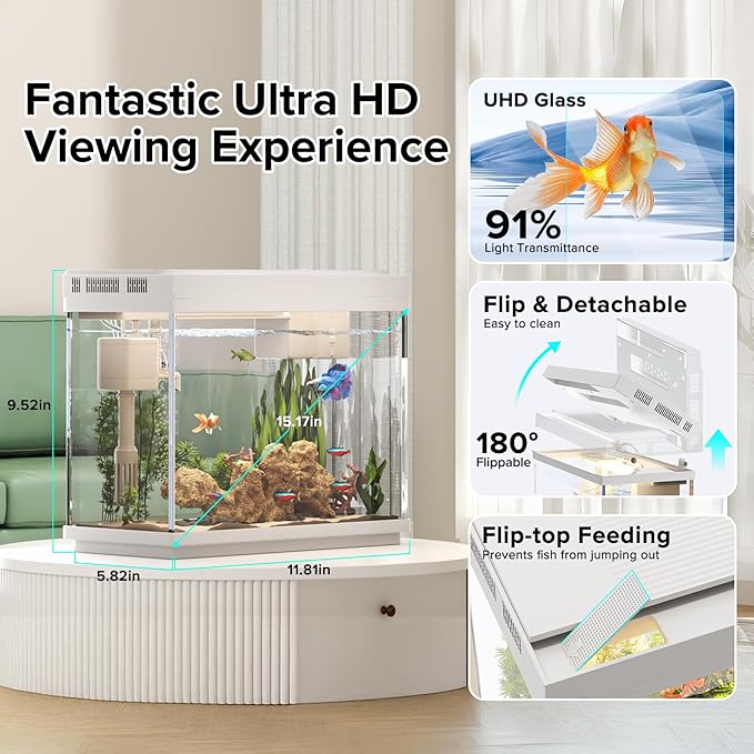 Fish Tank 2.4 Gallon Aquarium Kit with Humidifier 7-Color Auto-Looping 3 in 1 Quiet Pump with Filteration & Oxygenation & Circulation, Temperature Display, HD Glass-PawvioPets