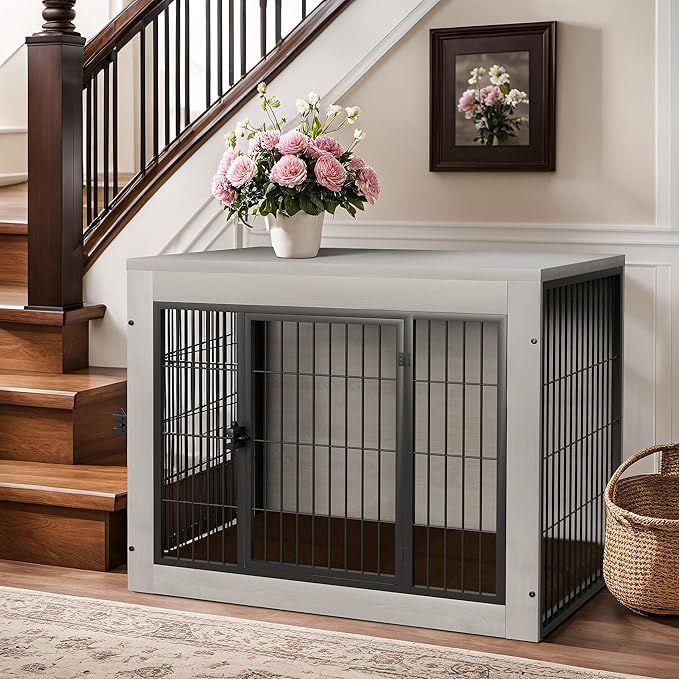 Bigrab Dog Crate Furinture with Thick Cushion, Side End Table Wooden Dog Cage with Double Doors, Chew-Resistant Dog Kennel Dog House Indoor for Small to Large Dog, M (Grey)-PawvioPets