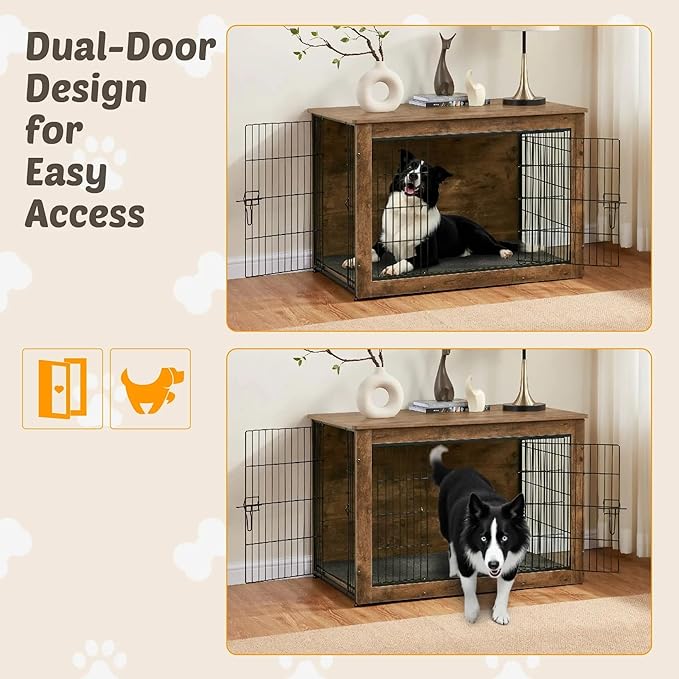 Dog Kennel Furniture, Wooden Dog Crate End Table, Heavy Duty Dog Crate, Decorative Pet Crate Dog Cage for Large Indoor Use (Rustic Brown) 39" L×26" W×27" H-PawvioPets