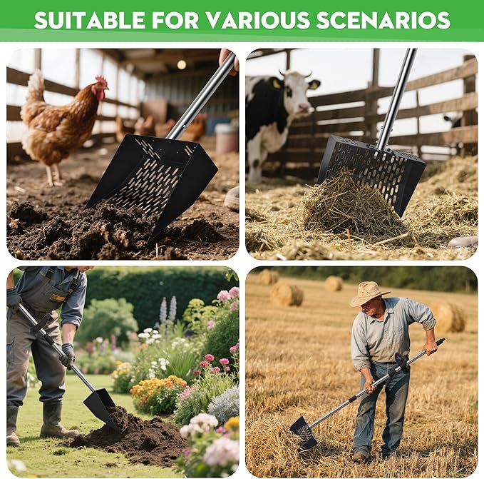 2-in-1 Chicken Poop Scooper & Rake - Adjustable Chicken Coop Scoop with Handle（39、53、67 in），Stainless Steel Shovel Head- Litter Scooper Sand & Sifting Shovel for Chicken Coops-PawvioPets