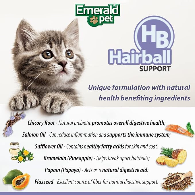 Emerald Pet Feline Health Chews Hairball Support — Natural Grain Free Feline Hairball Control Chews — Hairball Control Cat Supplements for Hairball Prevention and Elimination — Made in USA, 2.5 oz-PawvioPets