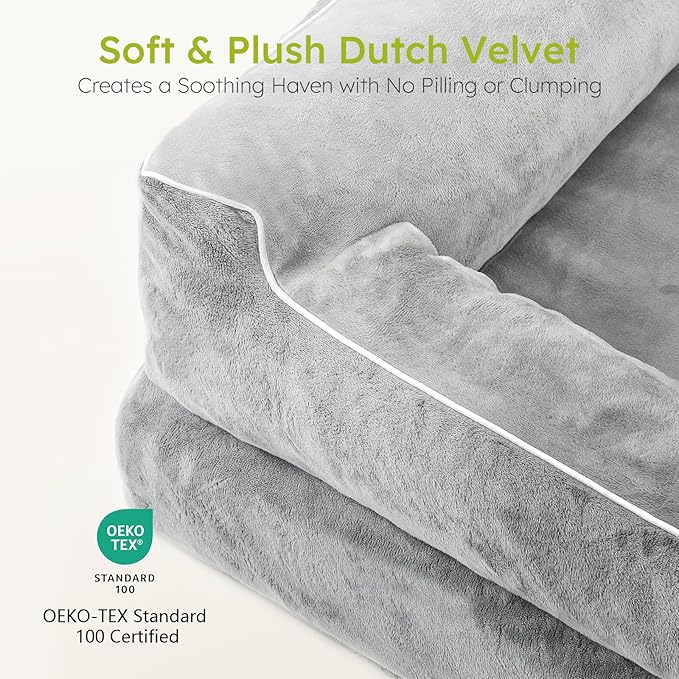 Extra Large Dog Bed, Orthopedic Dog Bed with Cooling Gel Memory Foam, Waterproof XL Pet Bed with Removable Washable Cover, 42" Pet Sofa Couch Dutch Velvet with Bone Toy, Light Gray-PawvioPets