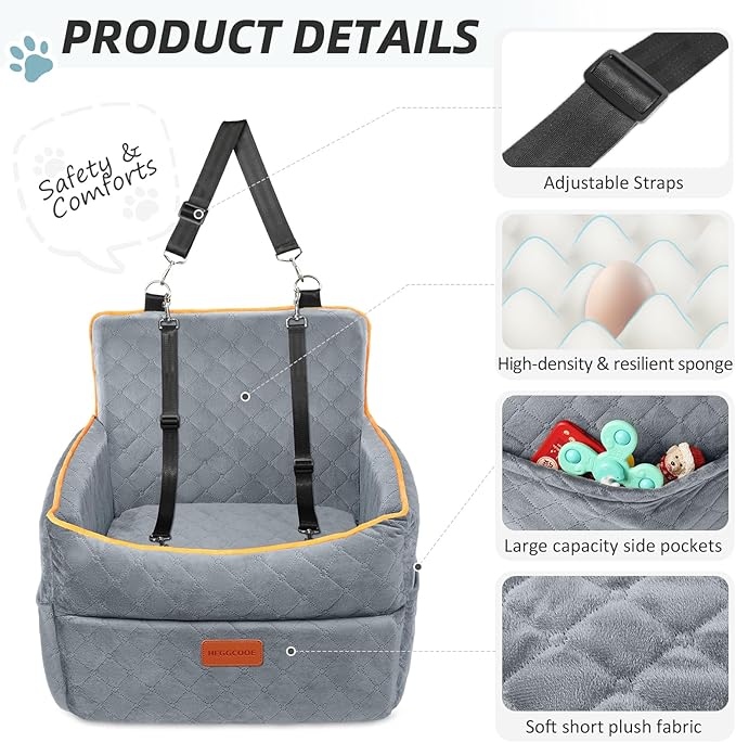 Dog Car Seat for Small Medium Dogs, Memory Foam Puppy Dog Booster Seat with Thick Cushion for Dogs Under 35lbs, Detachable Washable Pet Car Seat Travel Bed with Storage Pockets,2 Safety Belts-PawvioPets