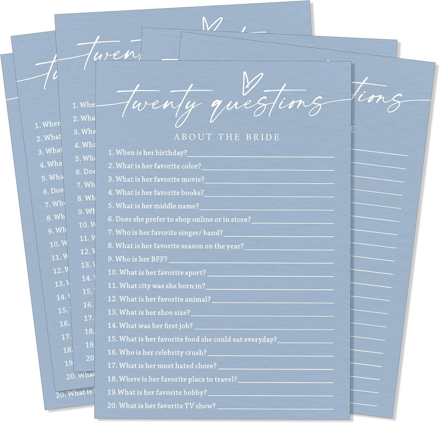 Fun Wedding Shower Games Cards, Twenty Questions About the Bride, Bridal Party Game and Favors for 25 Guests, Bridal Shower Decorations, Minimalist Blue Wedding Party Supplies - B07