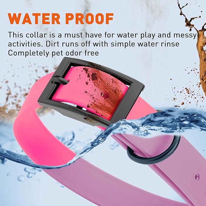 Dogline Biothane Waterproof Dog Collar Strong Coated Nylon Webbing with Black Hardware Odor- Proof for Easy Care Easy to Clean High Performance Fits Small Medium or Large Dogs, Passionfruit Pink-PawvioPets
