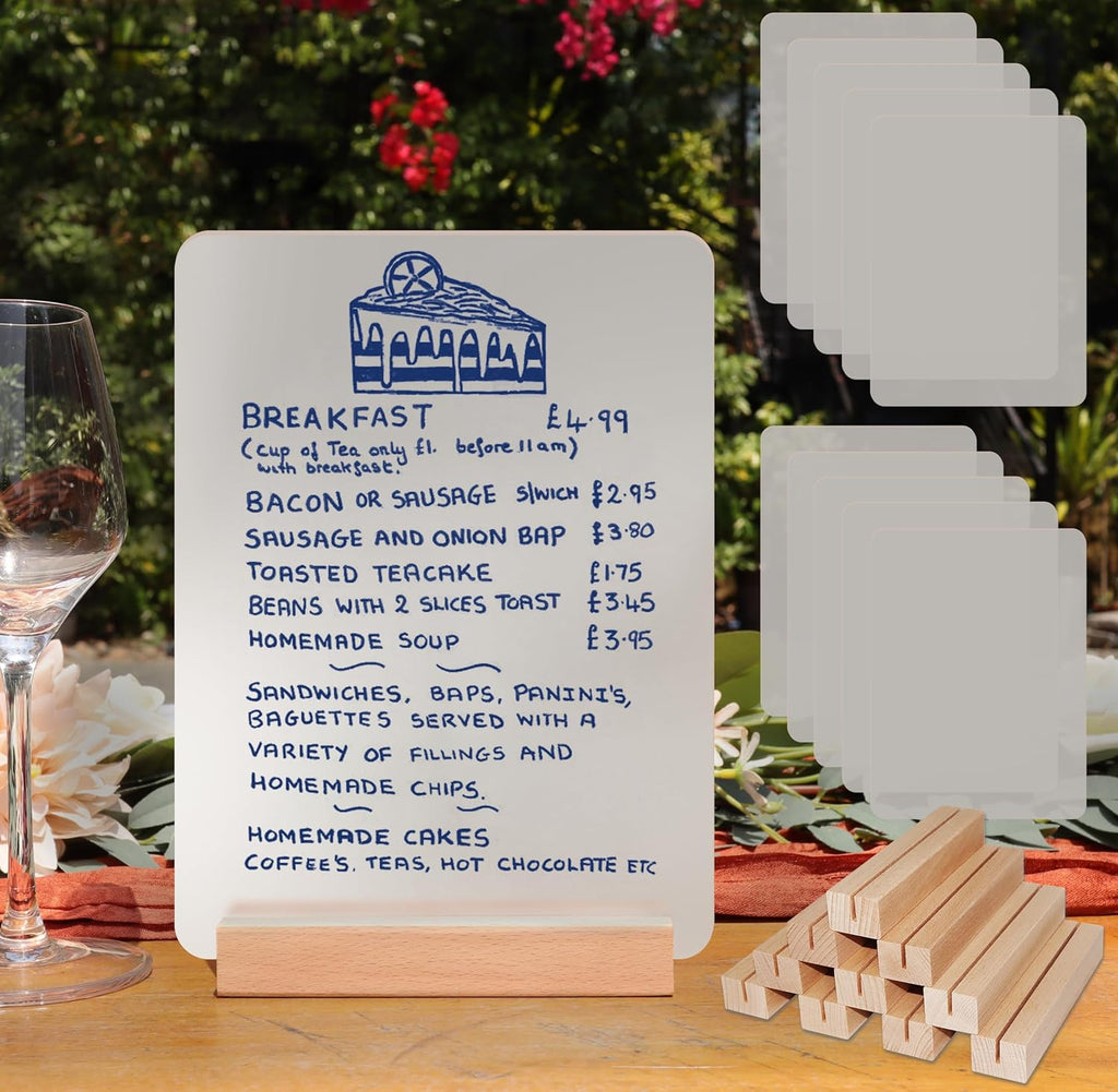 Frosted Blank Acrylic Sign with Wooden Stands - 10 Pack DIY Rectangle Customizable Sign Kit for Wedding Table Numbers, Restaurant Party Bridal Shower (6x8 Inch)