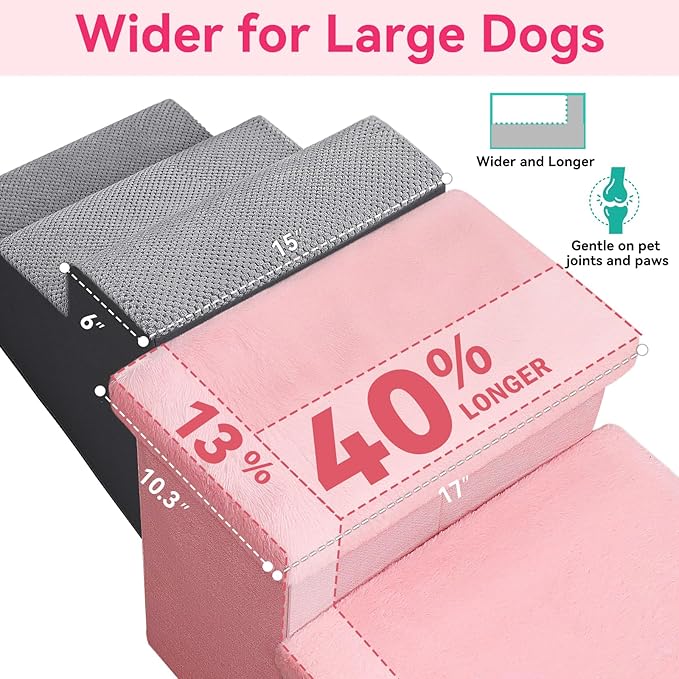 Dog Stairs with Furry Lids 18" H, 3-Step Wider Dog Steps with Storage for Small/Medium/Large Dogs Cats, Folding Sturdy Pet Stairs Climbing Bed or Sofa, Ramp for Car Hold Up to 200 lbs, Pink-PawvioPets