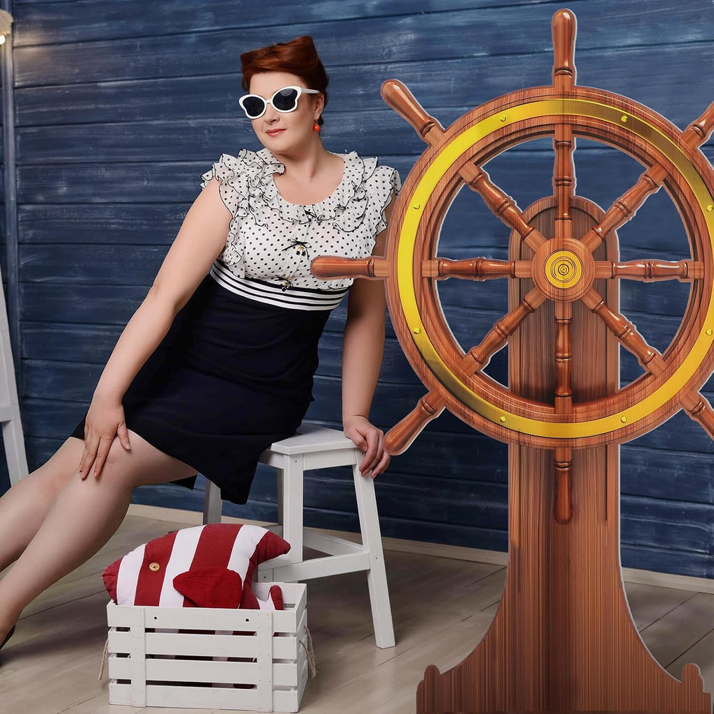 4 Feet Pirate Nautical Party Decorations Halloween Ship Wheel Cardboard Cutout Stand up Large Captain Wheel Photo Props Back Drops for Halloween Pirate Nautical Party Outdoor Home Decor