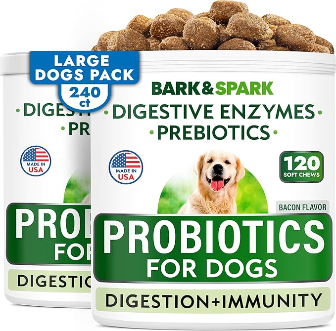 Bark&Spark Dog Probiotics & Digestive Enzymes (Gut Health) Allergy & Itchy Skin - Pet Diarrhea Gas Treatment Upset Stomach Relief, Digestion Health Prebiotic Supplement Large Dog Treats (240Ct Bacon)-PawvioPets