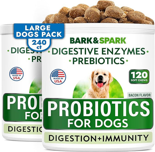 Bark&Spark Dog Probiotics & Digestive Enzymes (Gut Health) Allergy & Itchy Skin - Pet Diarrhea Gas Treatment Upset Stomach Relief, Digestion Health Prebiotic Supplement Large Dog Treats (240Ct Bacon)-PawvioPets