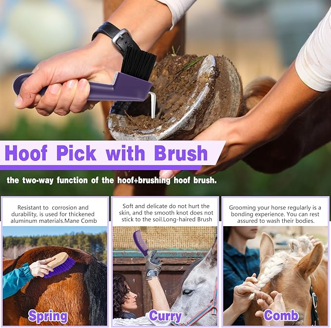 Abbylike 12 Pieces Horse Grooming Kit Racing Festival Tack Room Supplies Horse Brush Sets Equine Care Cleaning Kit Shedding Grooming Massaging Tools(Gray and Purple)-PawvioPets
