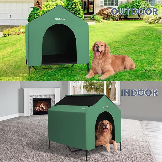 42" 2-in-1 Dog House for Medium Dogs, Elevted Dog House Outdoor/Indoor, Puppy Shelter Outside,Water Resistant 600D PVC and Durable 2x1 Textilene Raised Dog Bed(Green)-PawvioPets