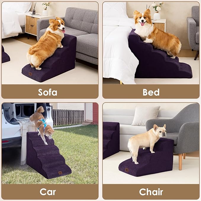 EHEYCIGA Curved Dog Stairs Ramp for Small Dogs 15.7" H, 3-Step Dog Steps for Couch Sofa and Chair, Pet Stairs for Cats, Non-Slip Balanced Pet Steps Indoor, Purple-PawvioPets