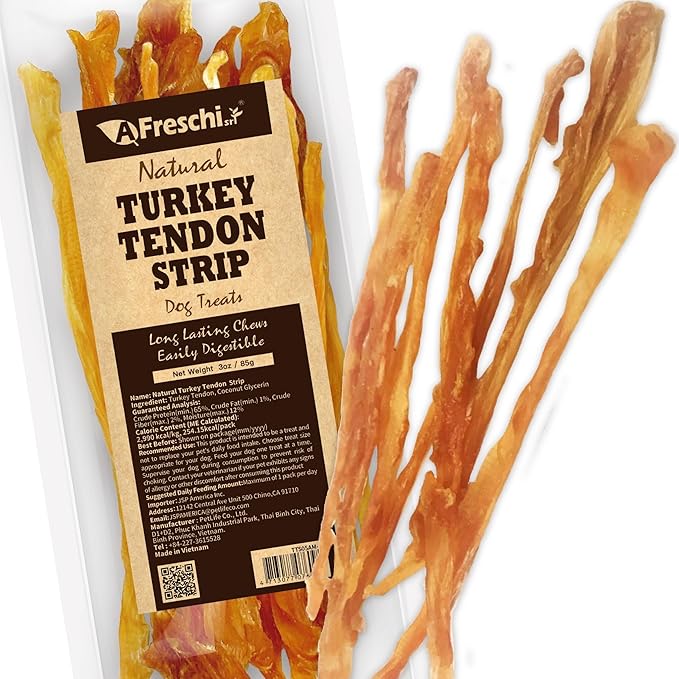 Afreschi Natural Turkey Tendon Strip 3 oz, All Natural Human Grade Puppy Chew, USA-Sourced Turkey Tendon, Hypoallergenic, Easy to Digest, Rawhide Alternative-PawvioPets