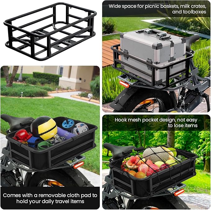 AWQM Large Ebike Basket, Waterproof Metal Electric Bicycle Basket, Quick Assemble Bike Accessories Rear Cargo Rack for Picnic, Pet, Sports-PawvioPets