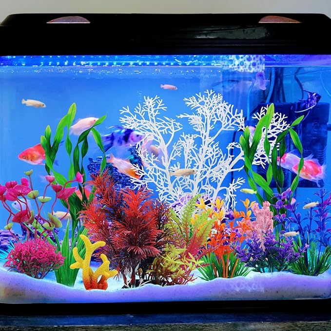 Aquarium Decorations Plants with Resin Coral, 12 pcs Fish Tank Accessories, Fish Tank Decorations Small Plants Plastic, Aquarium Decor Artificial Plant-PawvioPets