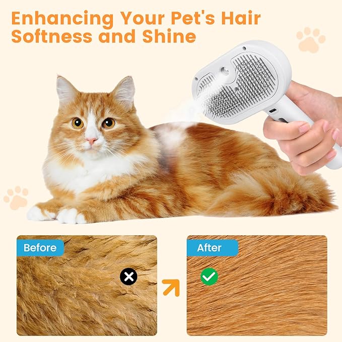 3 in 1 Cat Steam Brush, Pet Steam Brush for Cat Dog Long Short Haired, Pet Spray Hair Removal Comb for Small Animals Shedding & Grooming, Water Mist Spray Brushes with Release Button(White)-PawvioPets