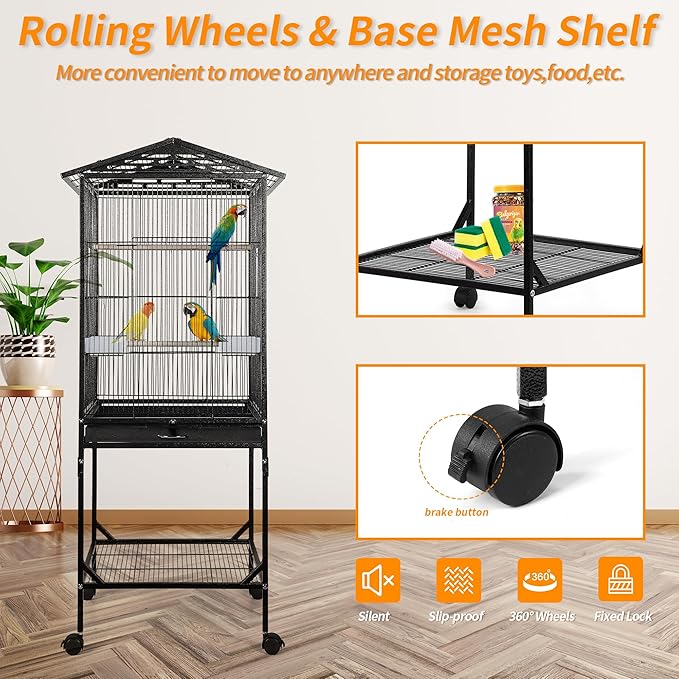 Bird Cage 47 inch Wrought Iron Parakeets Cage with Play Open Top and Rolling Stand Medium Small Bird Cage for Parrots, Budgerigars, Parakeets, Cockatiels, Lovebirds-PawvioPets