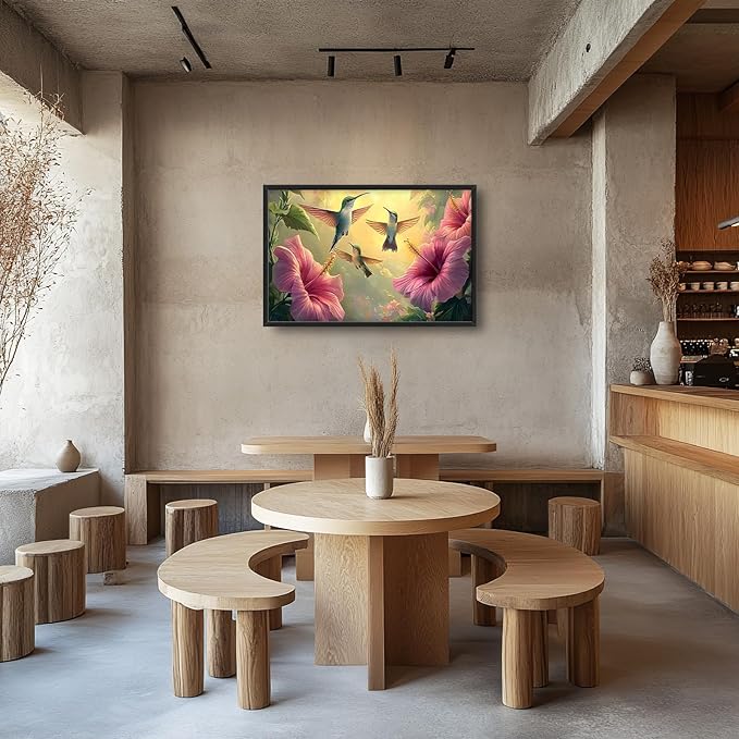 Framed Large Hummingbird Wall Art for Living Room, Oversized Rustic Bird Flower Wall Decor Floral Canvas Painting Nature Sunrise Pictures Modern Artwork for Bedroom Office Dinging Room 36"x24"-PawvioPets