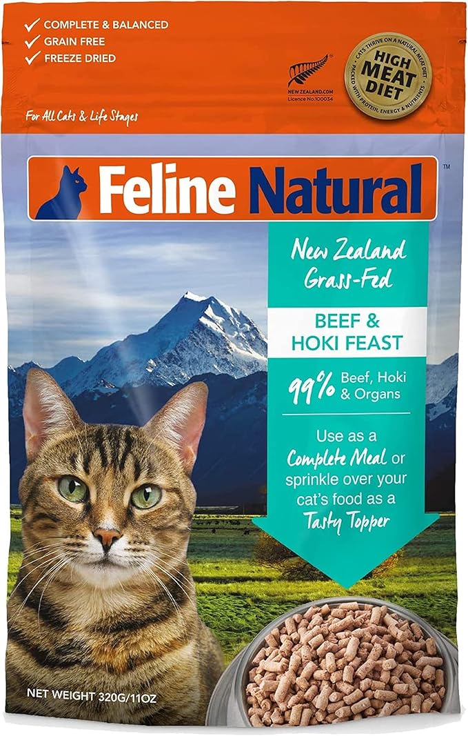 Feline Natural High Protein Dry Cat Food, Freeze-Dried Diet with 98% Meat, Organs & Seafood, No Peas, Grains, or Artificial Additives, Made in New Zealand, Beef & Hoki, 11oz-PawvioPets