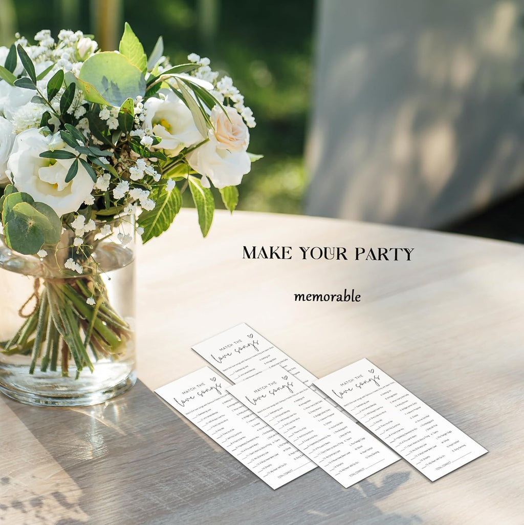 Bridal Shower Games, Match the Love Songs, 25Pcs 4x9in Minimalist White Double-Sided Bridal Game Cards with 1 Answer Key, Wedding Shower Games for Guests, Engagement Bachelorette Party Supplies - A02