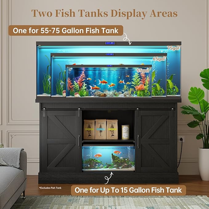 55-75 Gallon Fish Tank Stand with Sliding Barn Doors & Power Outlet, Heavy Duty Aquarium Stand with Cabinet Storage for Fish Tank, Turtle Tank, Reptile Terrarium, 1000LBS Capacity, Black-PawvioPets