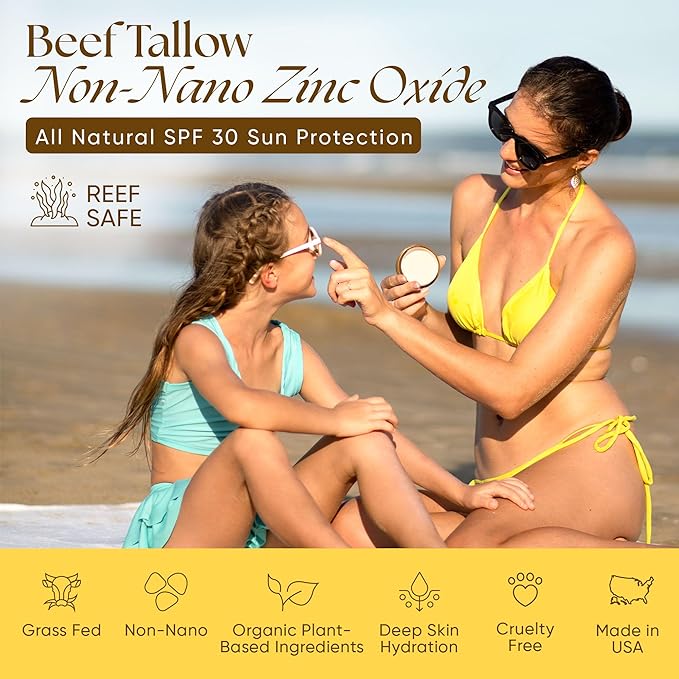 Beef Tallow Sunscreen Organic with Non Nano Zinc Oxide Formula for Daily Protection, 4oz Reef Safe Sunblock, SPF 30 All Natural Chemical Free Sunscreen, Made in USA, Natural Organic Sunblock for Skin-PawvioPets