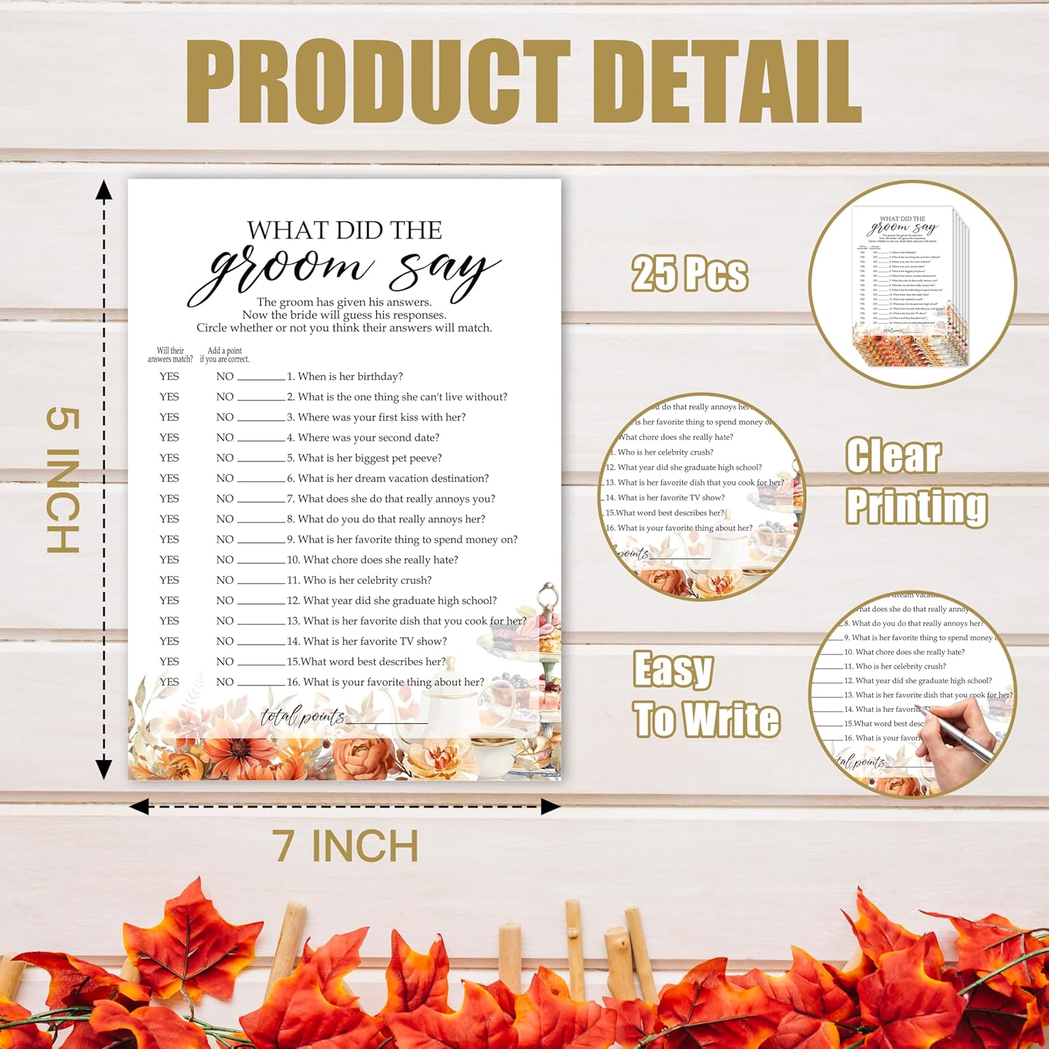 Fall Bridal Shower Games Cards, What The Groom Say Wedding Bachelorette Party Games, Fall in Love Bridal Shower Decorations, 25 Cards, G08