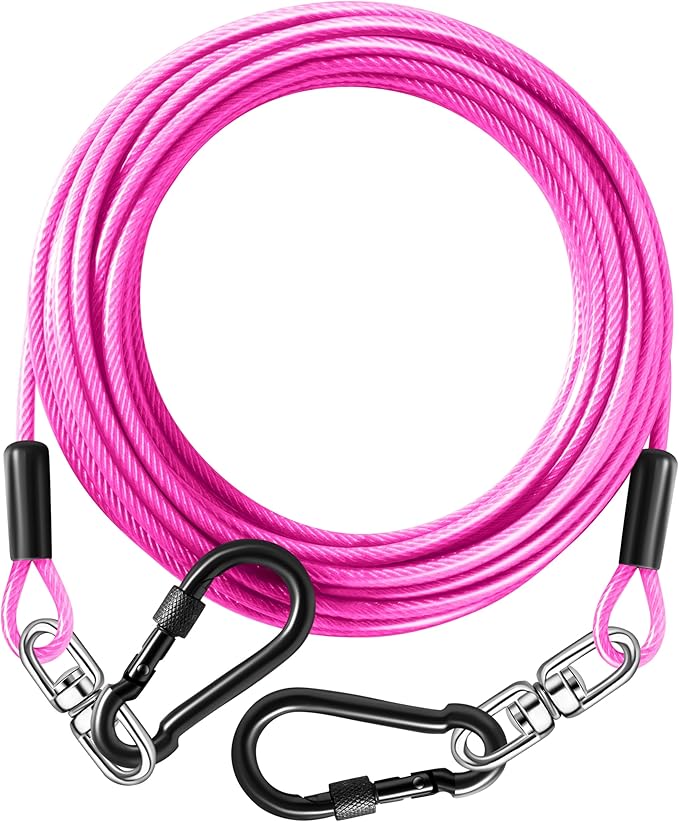 Dog Tie Out Cable 15FT-500Lbs,Heavy Duty Dog Leads&Tether for Yard with Swivel Hook,Small Large Dogs Leash Line for Outside,Rust Chew Proof Dogs Run Cable for Outdoor Camping (Pink, 15FT)-PawvioPets