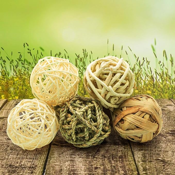 8 Pcs Small Animals Play Balls Rolling Activity Chew Toys Gnawing Treats for Rabbits Guinea Pigs Chinchilla Bunny Natural Balls, Pet Cage Entertainment Accessories (8Pcs)-PawvioPets