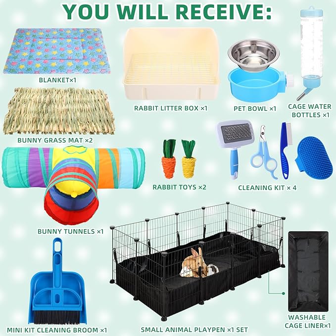 104 Pcs Rabbit Starter Kit Litter Box Bunny Tunnel Pet Playpen with Waterproof Mat Water Bottle Animal Grooming Kit Bowl Blankets with Cleaning Set for Guinea Pig Rabbit Accessories-PawvioPets