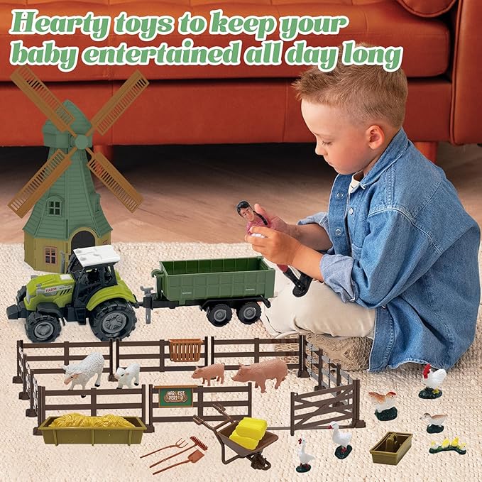 82PCS Farm Animals Toys Set Comes with Tractor Trailer, Windmill, Farmer, Fence - Playset for Kids Toddlers Boys Girls 5+ Years Old-PawvioPets