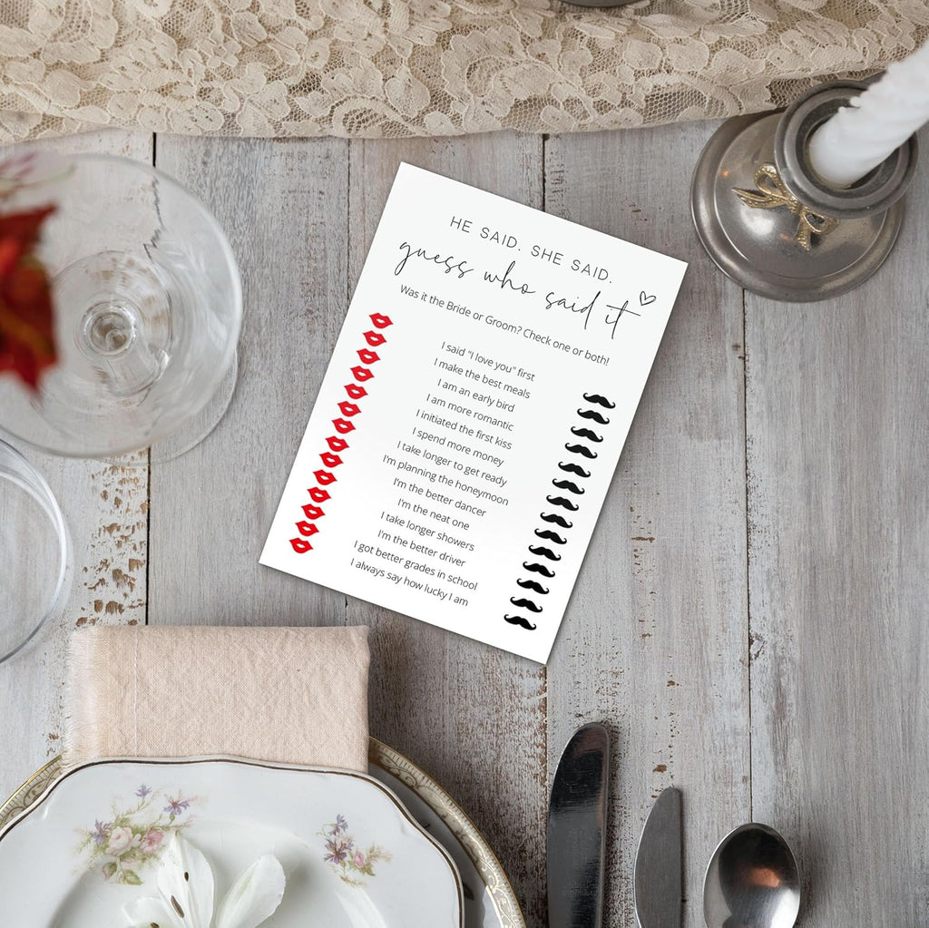 Bridal Shower Games, He Said She Said, 25Pcs Minimalist White Double-Sided Bridal Game Cards, Wedding Shower Games for Guests, Engagement Bachelorette Party Supplies - A12