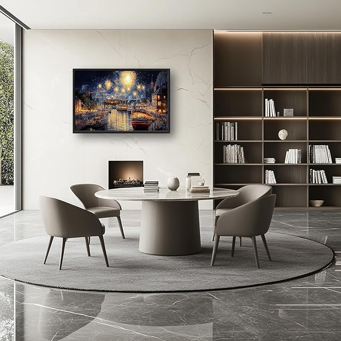 Framed Large Firework Night Sky Wall Art, Oversized European City Landscape Wall Decor for Living Room, River Boats Canvas Pictures Home Decoration for Living Room Bedroom Office 36"x24"-PawvioPets