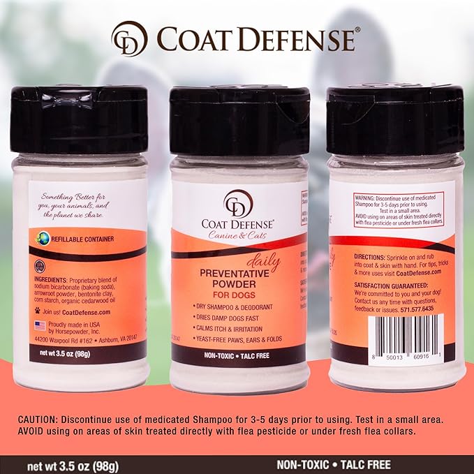 COAT DEFENSE Preventative Powder | Made in USA | 3.5oz Waterless Dog Shampoo & Pet Deodorizer for Smelly Dogs | Provides Anti Itch Relief | Dog Shampoo for Dry Itchy Skin & Smelly Dogs-PawvioPets