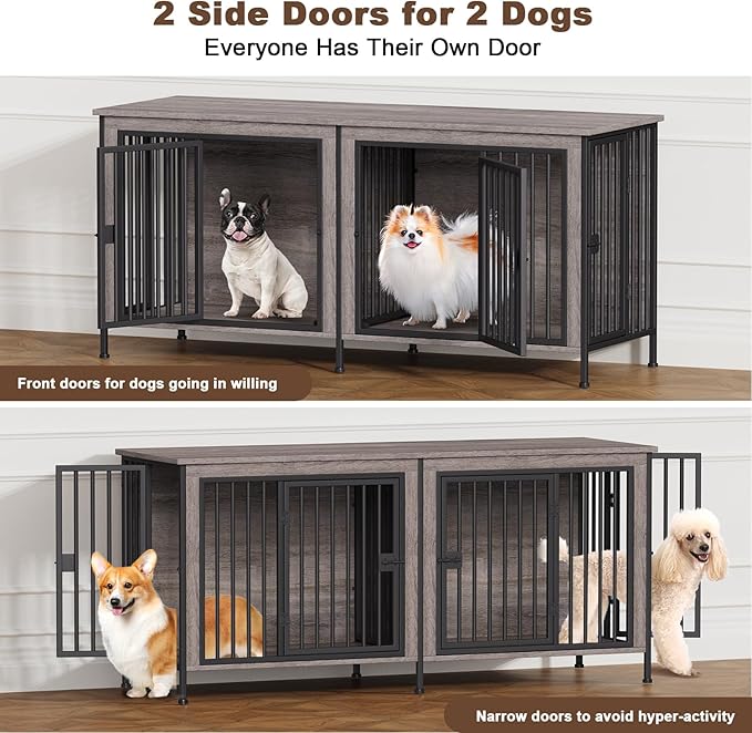 EasyCom 63" Dog Cage Furniture for 2 Pets with Divider, XL Wooden Double Dog Crate Furniture TV Stand for Mideum Breed, Durable and Sturdy-PawvioPets