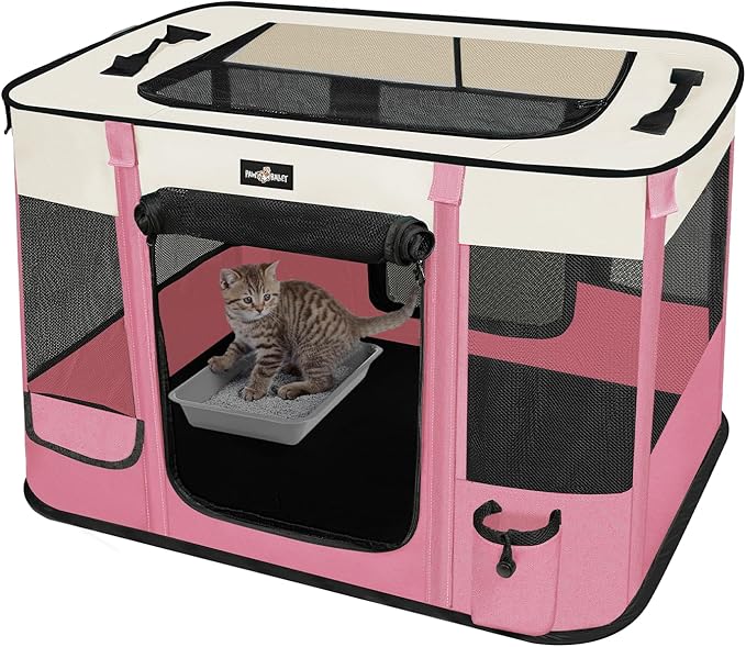 Foldable Pet Kitten Playpen, Upgrade Waterproof Portable Cat Dog Playpen Kennel Tent for Dog Cat, Removable Shade Cover with Free Carrying Case, Indoor Outdoor Use for Small Pet, Pink-PawvioPets