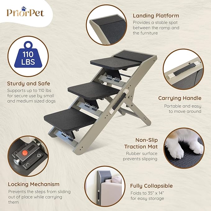 Dog Steps for Bed & Couch 2-in-1 Dog Stairs/Ramp - Height Adjustable Dog Ramp for Couch 7” - 20” - Pet Stairs, Dog Stairs for Small Dogs - Easy to Move Pet Steps with Landing Platform, Gray-PawvioPets