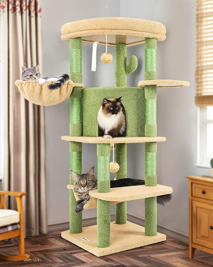 Globlazer Cactus Corner Cat Tree Tower with Scratching Post for Indoor Cats, 51in Multi-Level Cat Condo Tower with Large Hammock, Fan-Shaped Padded Perch, Spacious Cat Cave, Hanging Basket, C51, Green-PawvioPets