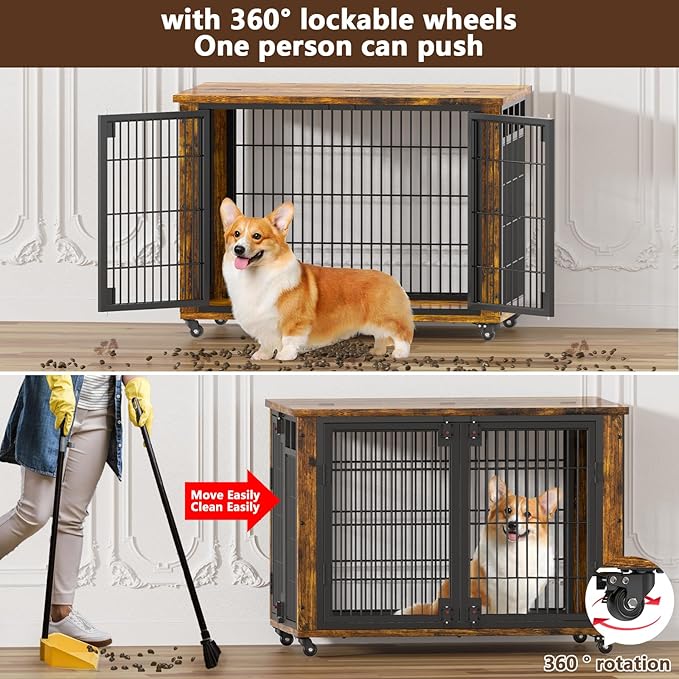 EasyCom 90% Pre-Assembled 33" Small and Meidum Dog Kennel Indoor Furniture, Wooden Dog Crate Furniture with Top-Access Teasing/Feeding Doors, for Medium and Small Breed, with Wheels Moveable-PawvioPets
