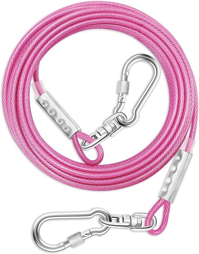 Dog Tie Out Cable for Outside,20FT Long Dog Leash&Chains with Swivel Hook,Small-Large Dogs Runner Cable for Yard,Heavy Duty Dogs Lead Line for Outdoor and Camping (500lbs 20FT, Pink)-PawvioPets
