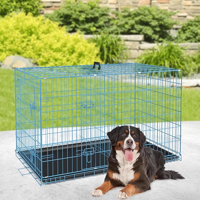 BestPet | Dog Crate | 48" | Blue | Foldable Metal Kennel with Double Doors, Secure Slide-Bolt Latches, Leakproof Tray | Portable Dog Cage for Large Breeds | for Travel, Indoor & Outdoor Use-PawvioPets