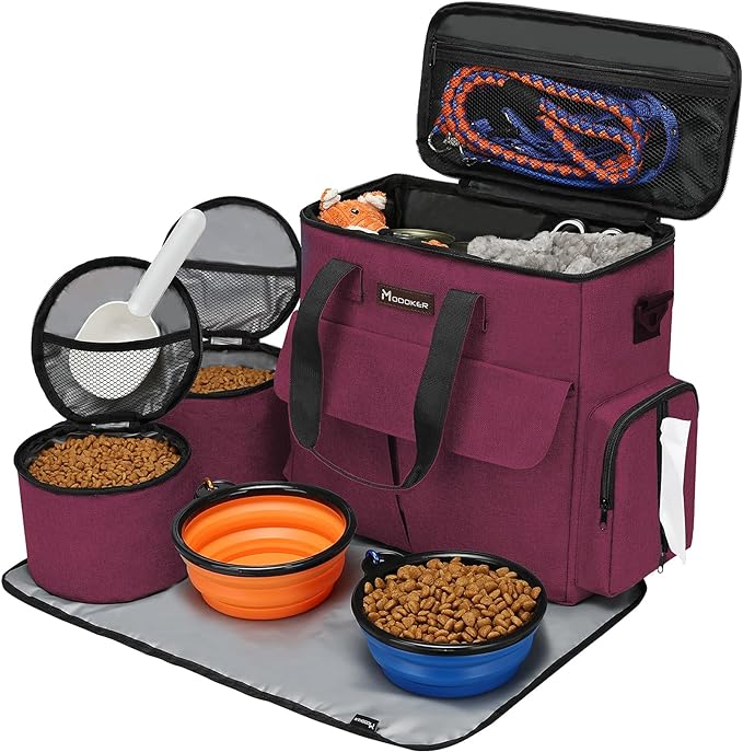 Airline Approved Pet Travel Bag, Weekend Travel Set for Dog and Cat, Airline Approved Tote Organizer with Multi-Function Pockets, 2 Dog Food Storage Containers, 2 Collapsible Bowls (Rose Red)-PawvioPets
