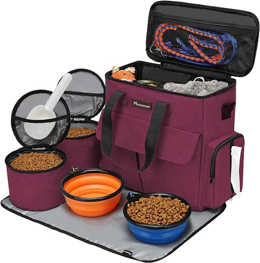 Airline Approved Pet Travel Bag, Weekend Travel Set for Dog and Cat, Airline Approved Tote Organizer with Multi-Function Pockets, 2 Dog Food Storage Containers, 2 Collapsible Bowls (Rose Red)-PawvioPets