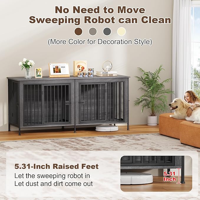 EasyCom 78 Inch Dog Cage Furniture for 2 Pets with Divider, XXL Wooden Double Dog Crate Furniture TV Stand for Mideum and Large Breed, Durable and Sturdy-PawvioPets