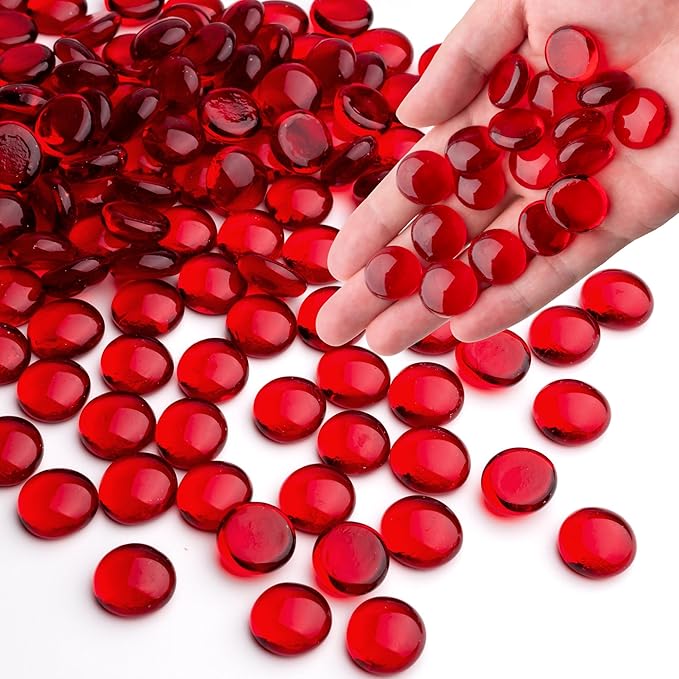 1LB Red Glass Marbles, Transparent and Smooth Flat Glass Beads for Vases, Mosaic Gem Pebbles for Aquarium Decor, Floral Arrangements, Mancala Stones, Vase Filler and Crafts (Approx. 80-100 PCS)-PawvioPets